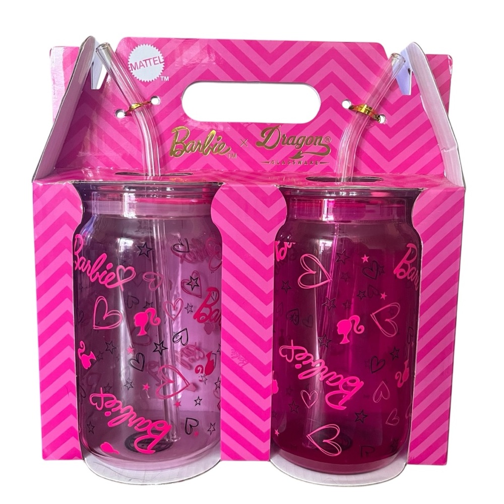 Barbie Dragon Glassware 16 oz Can Glasses Pink Set Two New in Box - Picture 2 of 4